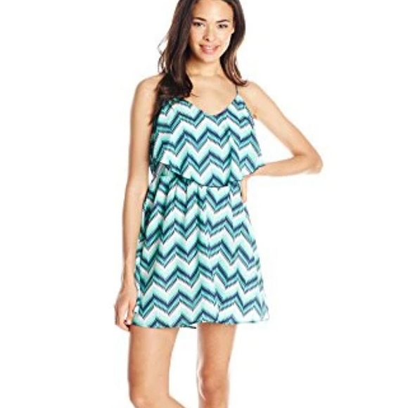 My Michelle Women's Blue Green Chevron Spaghetti Strap Mini Dress Size Large - Picture 1 of 11